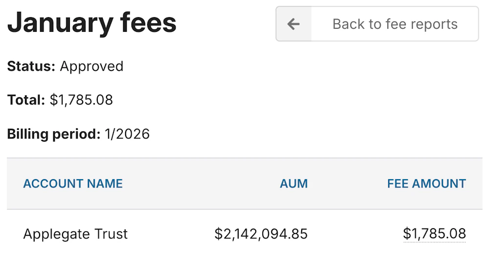 An approved monthly fee run for a trust showing AUM and fee amount