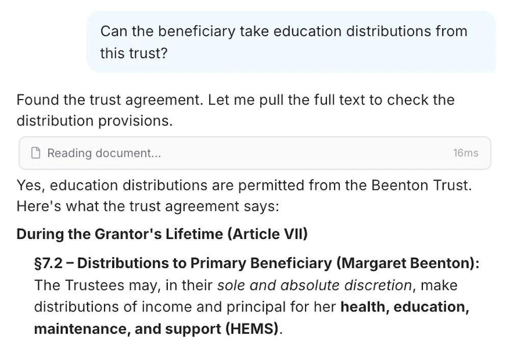 The integrated chat surface answering a question about a specific trust with linked sources