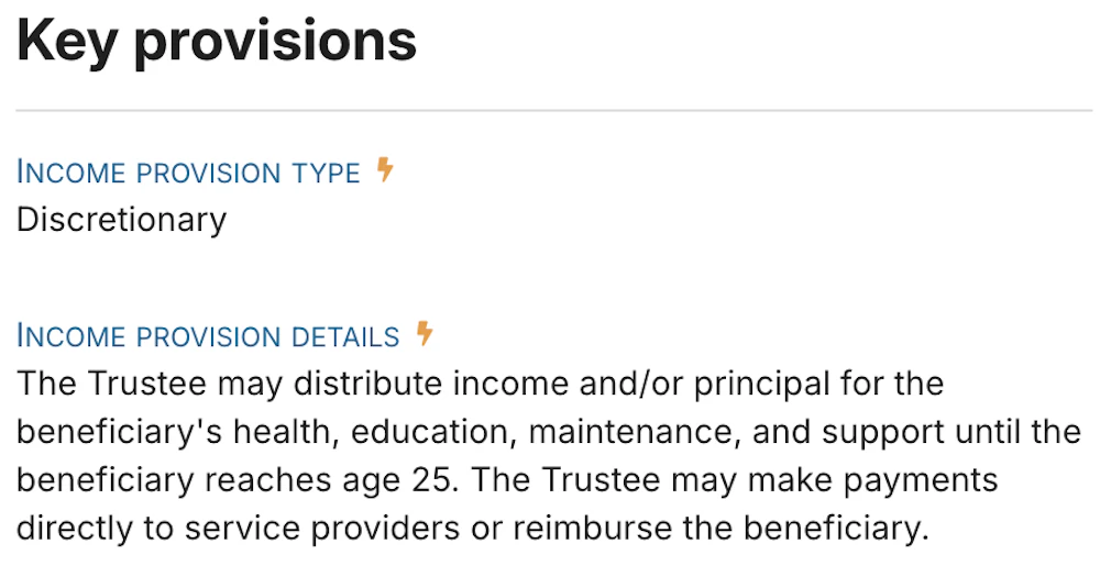 A generated trust summary page showing key provisions and terms