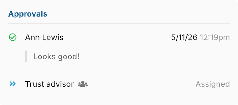 A multi-step approval chain in flight, with reviewer status and timestamps