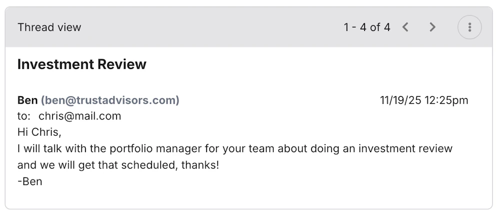 Email thread attached to a trust record, visible to the team alongside related tasks