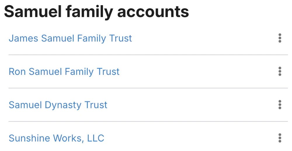 A household dashboard with linked trusts, beneficiaries, and consolidated balances